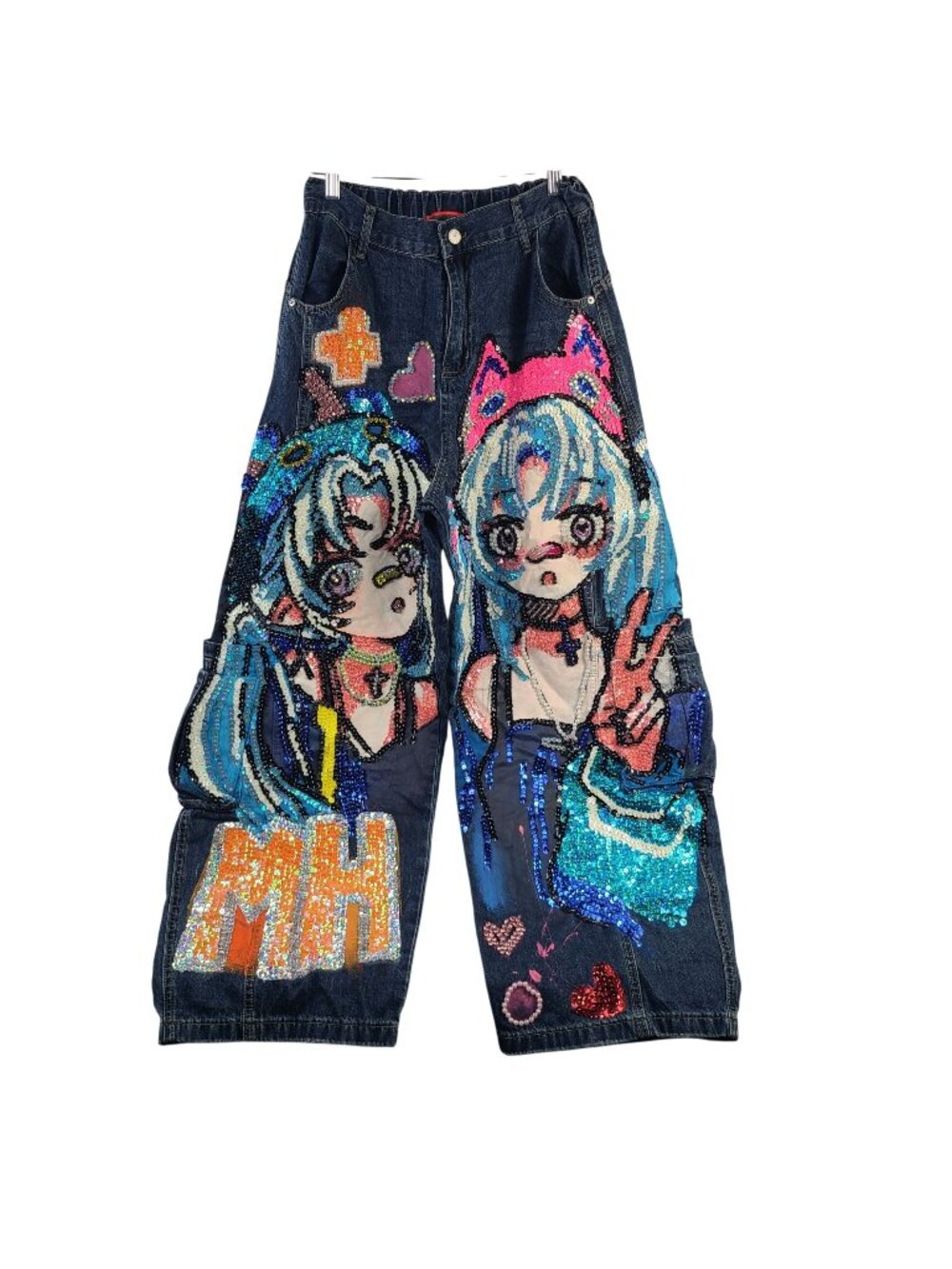 Kitmaple Anime Sequin Wide-Leg Jeans With Colorful Graphic Design & MH Accent